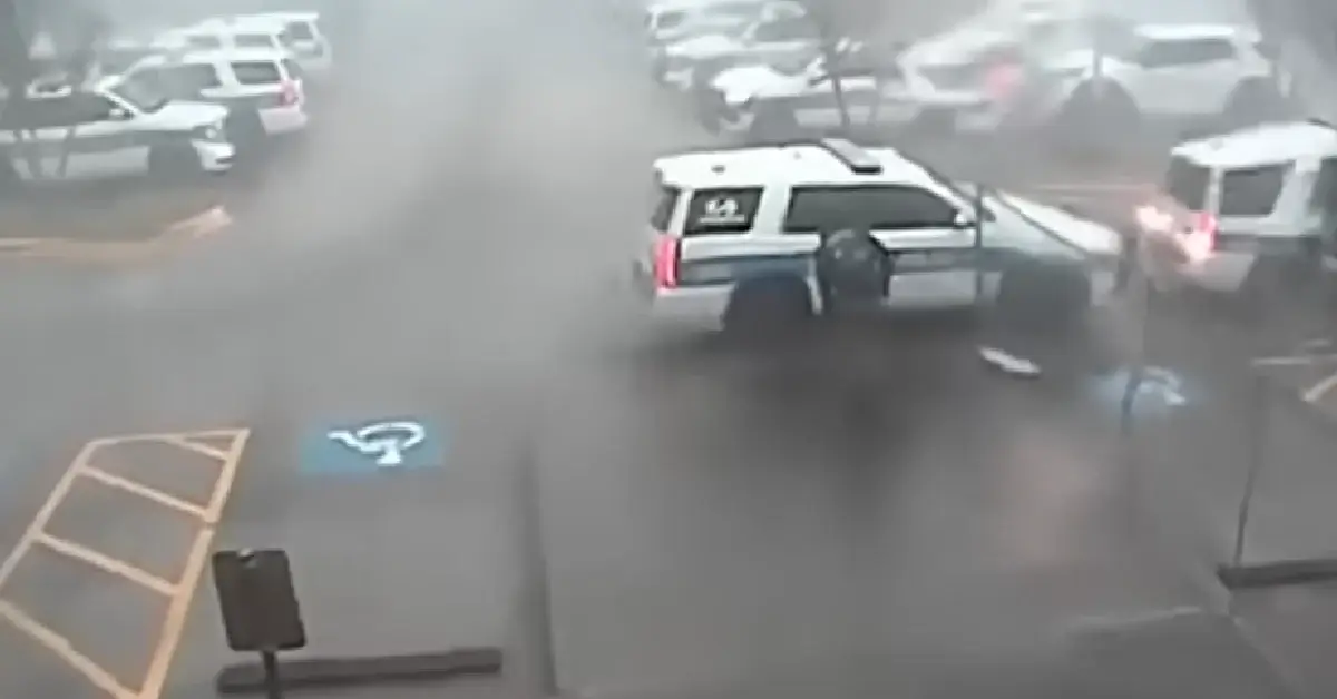 Surveillance footage captured Nitchman reaching the patrol vehicle as the storm swept through.